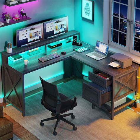L Shaped Desk with Power Outlets LED Lights 60” Wood Computer Desk w ...