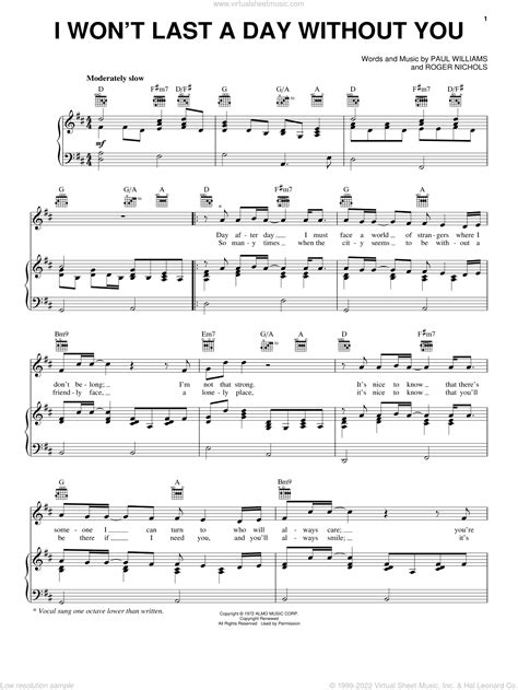 Carpenters - I Won't Last A Day Without You sheet music for voice, piano or guitar