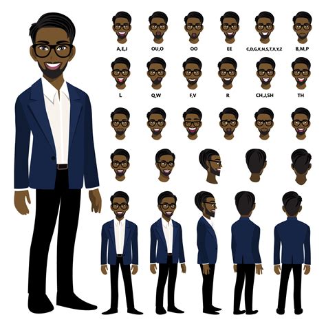 Cartoon character with African American business man in smart suit for animation. Front, side ...