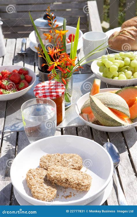 Outdoor Table Set for Breakfast Stock Image - Image of cafetiere, food: 22777831