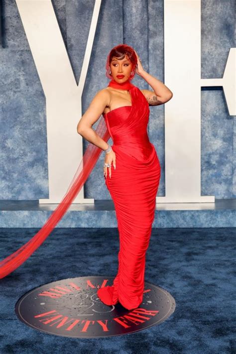 Cardi B Is a Lady in Red With Sheer-Veiled Dress & 6-Inch Heels at Vanity Fair Oscars Party 2023