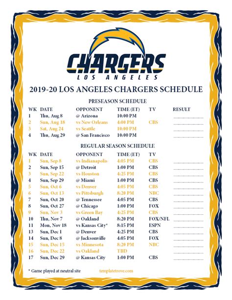 Printable 2019-2020 Los Angeles Chargers Schedule