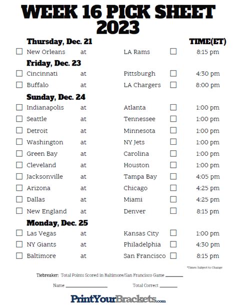 Football Pick Em Pool Weekly Printable Sheet