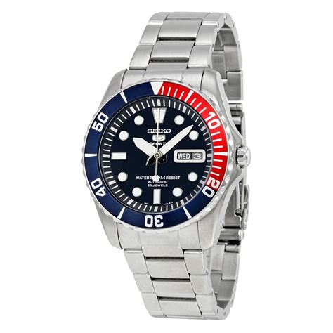 Seiko 5 Dark Blue Dial Diver Stainless Steel Automatic Pepsi Bezel Men ...