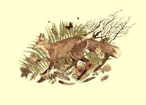 Hand Drawn Watercolor Illustration with Fox Running, Leaves, Flowers, Leaves. Stock Illustration ...