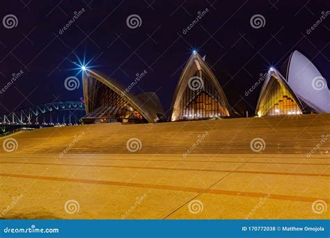 Night View of Iconic Sydney Opera House Massive Stairs Sydney New South Wales Australia ...