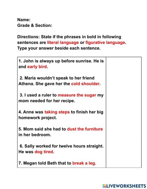 FIGURATIVE LANGUAGE AND LITERAL LANGUAGE online exercise for ...