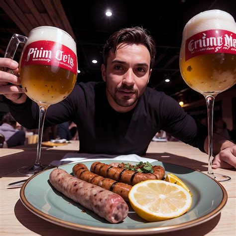 Premium AI Image | a handsome man holding two glasses beer with food on ...