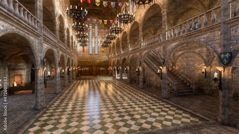 3D rendering of a medieval great hall in a palace or castle. Stock Illustration | Adobe Stock