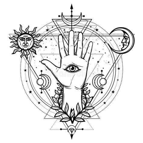 Mystical Drawing: Divine Hand, All-seeing Eye, Circle of a Phase of the Moon. Stock Vector ...