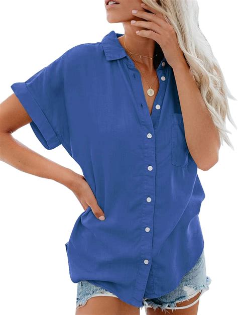 Lantch Women Blouse Short Sleeve Button Down Top Solid Color Shirts V Neck Short Sleeve Casual ...