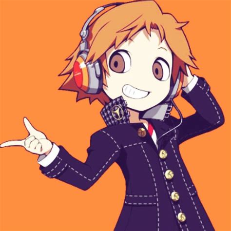 an anime character with headphones on and pointing to the side, wearing a blue coat