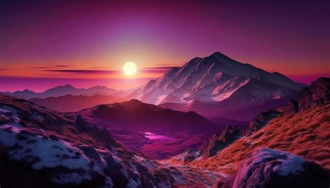 Premium AI Image | A purple sunset with a mountain range in the background.