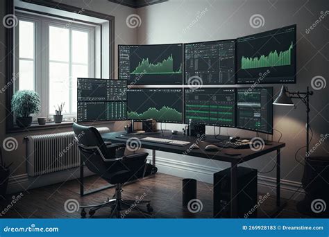 Room with Many Screens As a Trading Setup with Charts on the Screens. Generative AI Stock ...