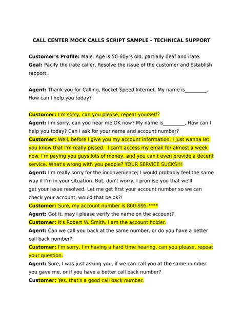 MOCK Calls Script Sample - CALL CENTER MOCK CALLS SCRIPT SAMPLE - TECHNICAL SUPPORT Customer's ...