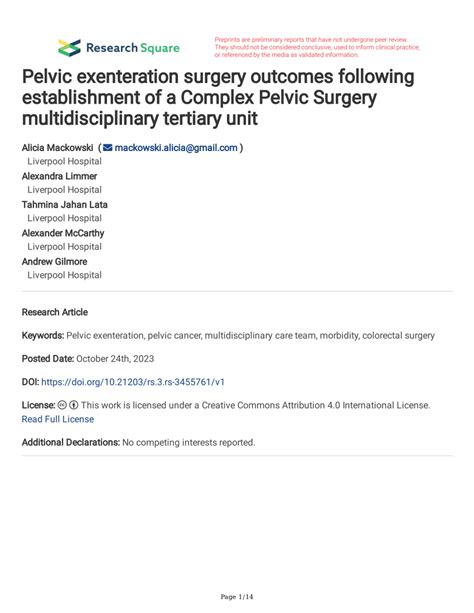 (PDF) Pelvic exenteration surgery outcomes following establishment of a Complex Pelvic Surgery ...