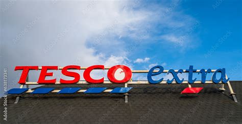 Tesco Extra supermarket sign at top of a store exterior in Stevenage ...