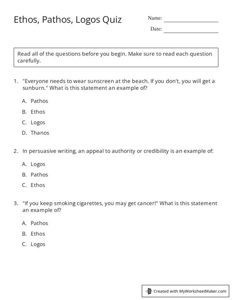 Rhetorical Appeals Handouts and Worksheets for Ethos, Pathos, Logos ...