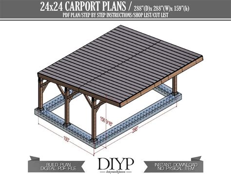 24x24 Carport Plans Diy Car Garage for Two Car Modern - Etsy | Carport ...