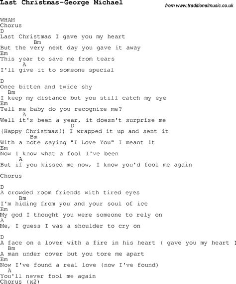 Christmas Carol/Song lyrics with chords for Last Christmas-George Michael
