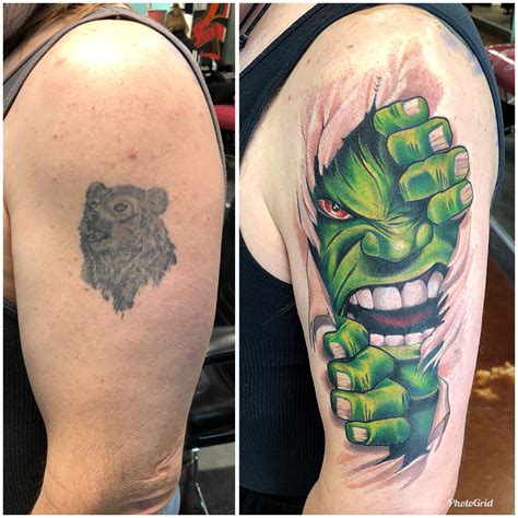 Hulk coverup tattoo done by Paul Berkey at Dela Ink, Denver - Colorado : r/tattoo