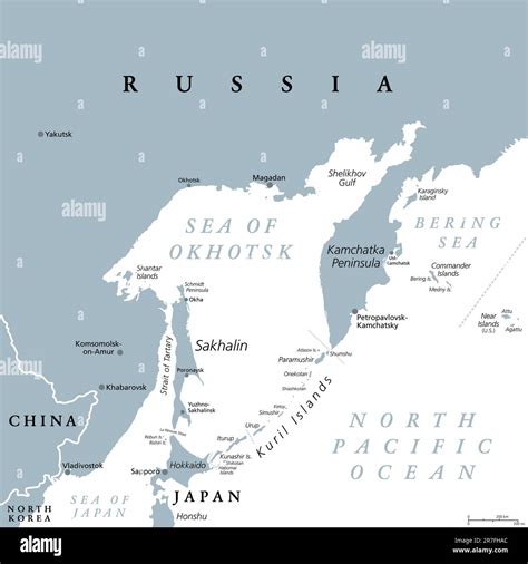 Sea of Okhotsk, gray political map. Marginal Pacific Sea, located between the Kamchatka ...