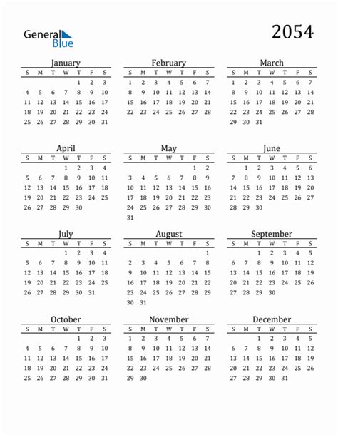 Free 2054 Calendars in PDF, Word, Excel