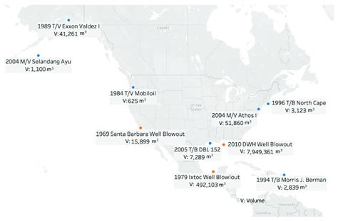 Notable oil spills with submerged oil in North America (spill volume ...