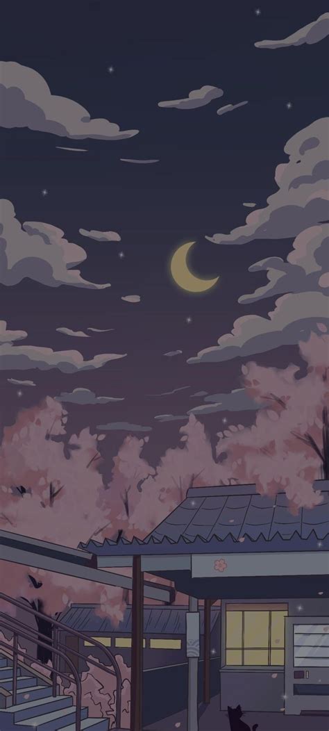a cat sitting on the roof of a house under a full moon and cloudy sky