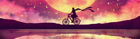 Silhouette of anime girl cycling at full moon 2K wallpaper download