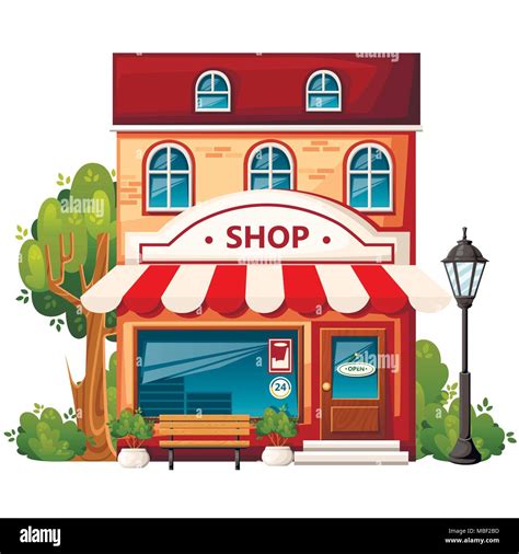 Shop front view. City design elements. Cartoon style design. Store with open sign, bench ...