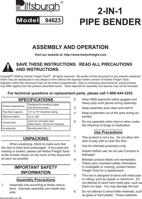 Harbor Freight 1 2 In 7 8 Tubing Bender Product Manual