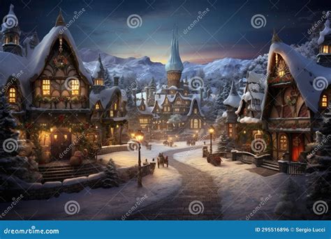 Magical Christmas Night Scene. Winter Village Landscape Stock Photo ...