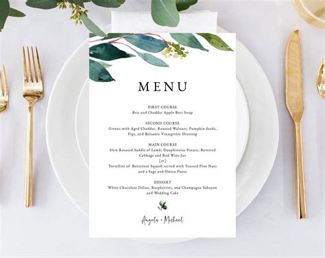 Greenery Wedding Menu Template, Printable Wedding Dinner Menu, DIY Gre | paperandthings