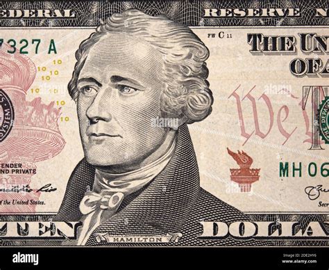 Alexander Hamilton face portrait on us ten dollar bill close up, 10 usd, United States of ...