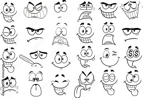 Outlined Cartoon Funny Faces. Vector Collection Set Isolated On White Background, obrazy ...