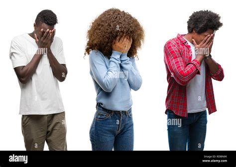 Collage of african american group of people over isolated background with sad expression ...