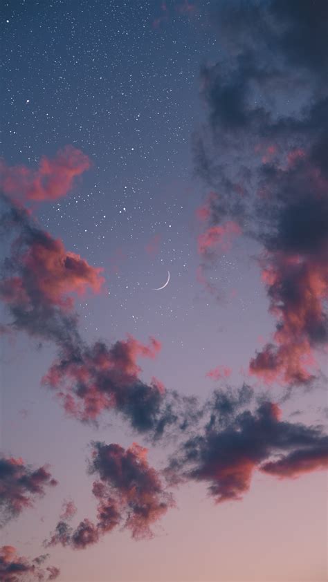 Wallpaper Sky, Clouds, Pink, Moon, Stars, Night