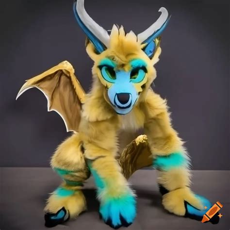 Gold-colored fursuit dragon with cyan wings