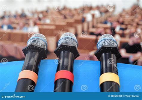 Wireless Microphones on the Table. Close Up of Microphones in Conference Room Stock Photo ...