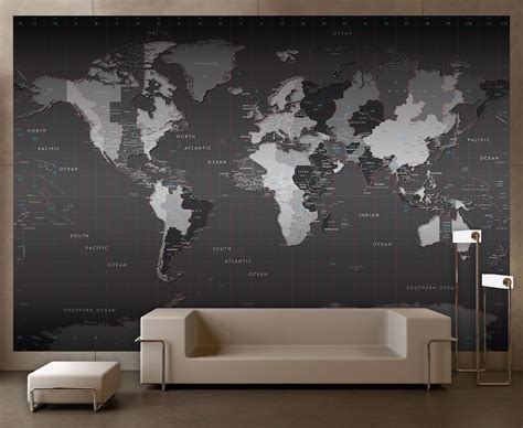 World Time Zones Map Wallpaper Mural Giant World Map Peel & Stick Fabric Removable Wallpaper Map ...