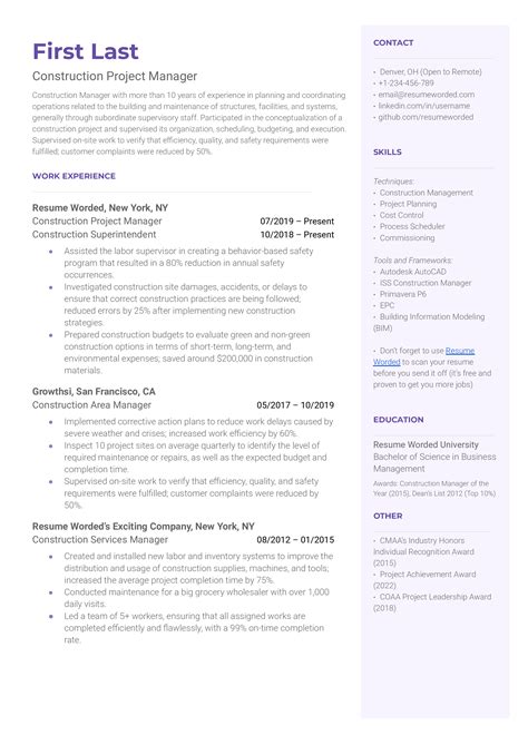 Construction Project Manager Resume Examples for 2025 | Resume Worded