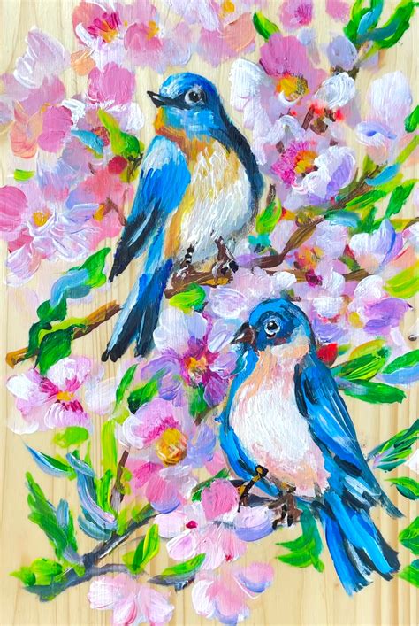 Birds Couple Painting Original Two Birds Painting on Wood Home | Etsy