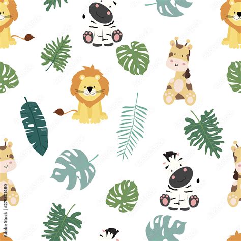 Cute safari background with giraffe,zebra,lion,leaves.Vector illustration seamless pattern for ...