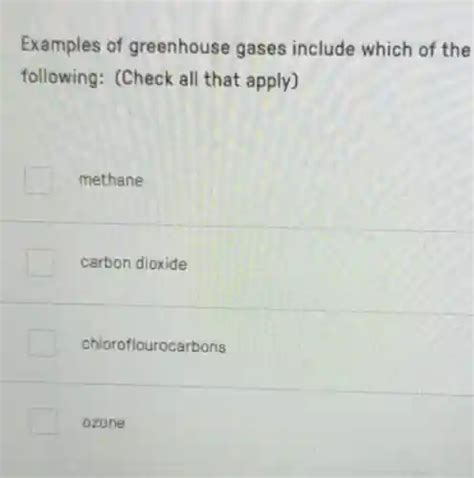 examples of greenhouse gases include which of the following: (check all that apply) methane ...