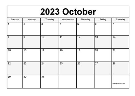 October 2023 Calendar Printable PDF Template