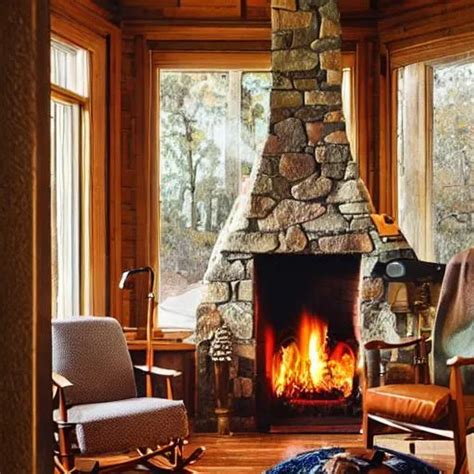 roaring fire in a fireplace, rocking chair close to... | OpenArt