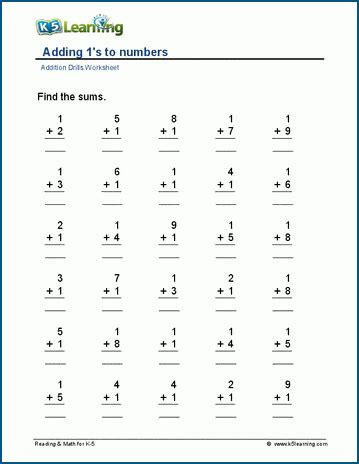 Adding 1's to numbers worksheets | K5 Learning