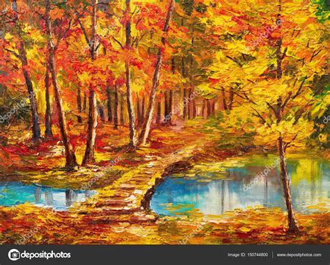 Peinture à l'huile paysage - forêt d'automne près de la rivière, feuilles orange image libre de ...