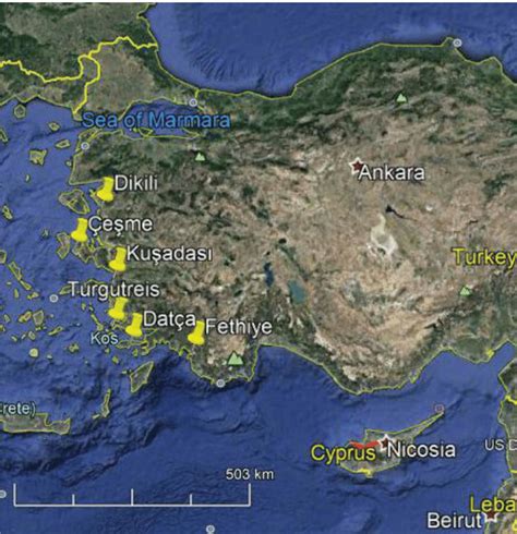 Locations of the Dikili, Çeşme, Kuşadası, Turgutreis, Datça, and... | Download Scientific Diagram